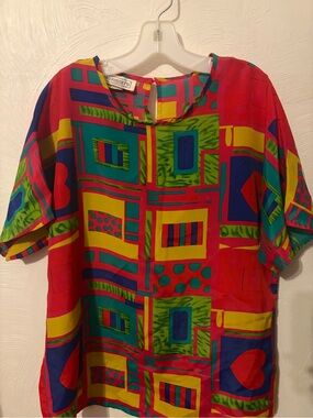 Vibrant Geometric Print Blouse - Red, Yellow, Green, Blue